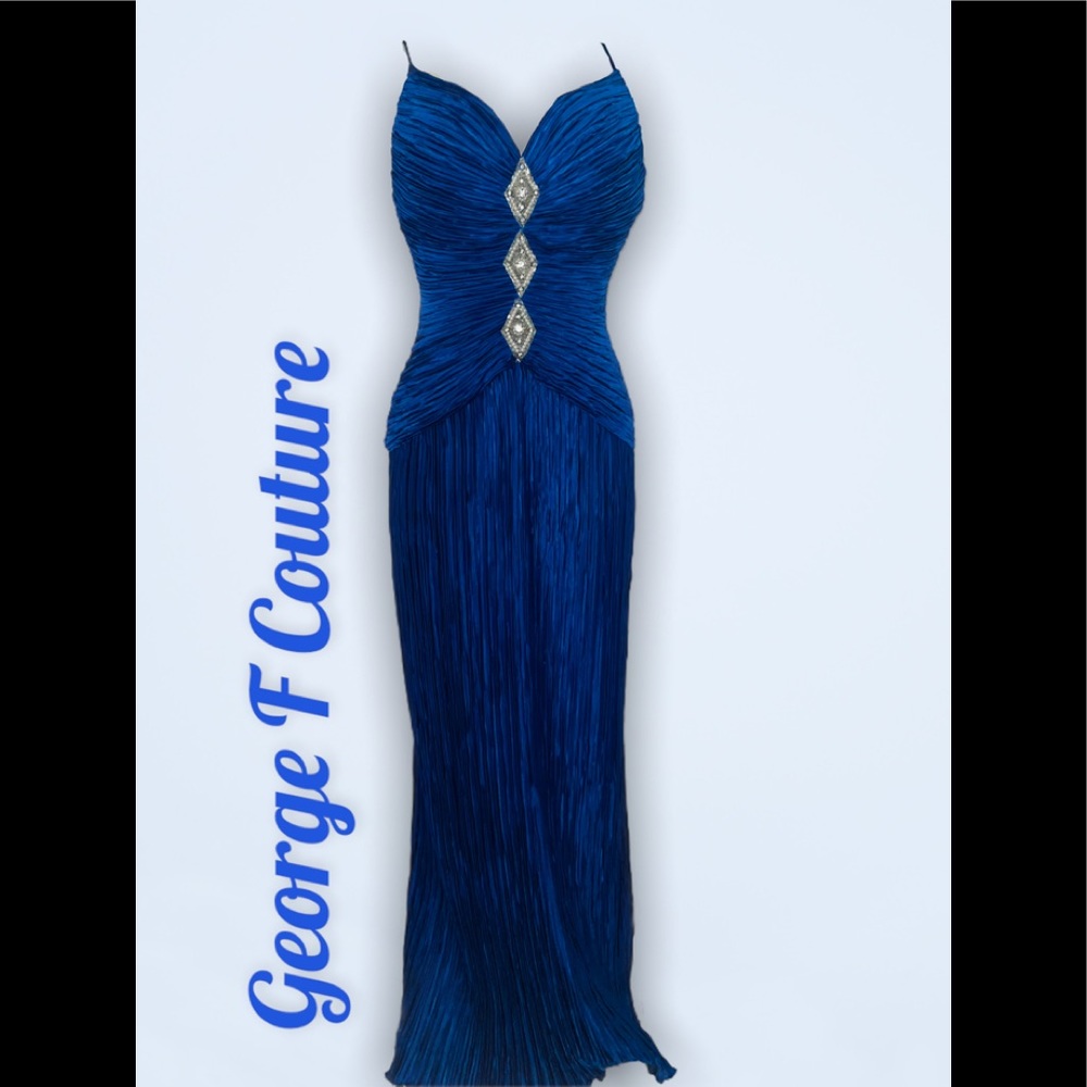 George F Couture Vintage Royal Blue Fortuny Micro Pleated Embellished Dress Sz 8